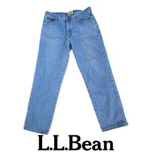 LL Bean Classic Fit Men's 38x32 Blue Denim Plaid Lining Straight Leg Pants